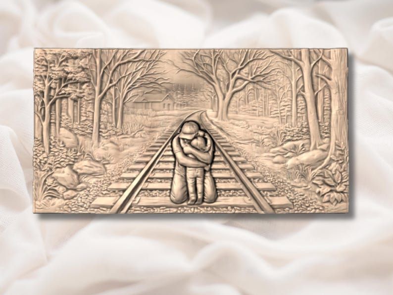 Soldier and Child Embrace on Railroad Tracks Relief STL bas-relief STL — view 2