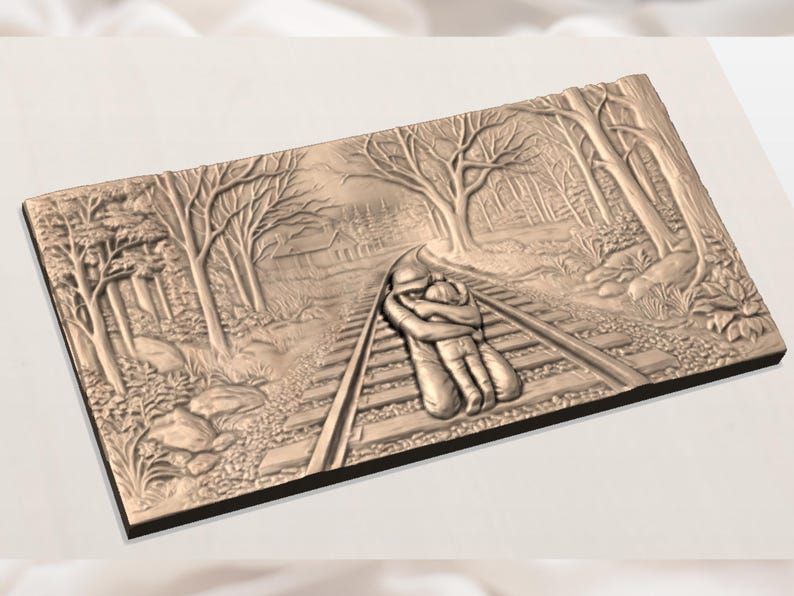 Soldier and Child Embrace on Railroad Tracks Relief STL bas-relief STL — view 3