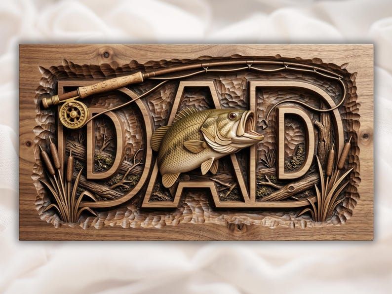 Bas-relief carving of the word DAD with a leaping bass fish, fishing rod and reel, and cattail reeds