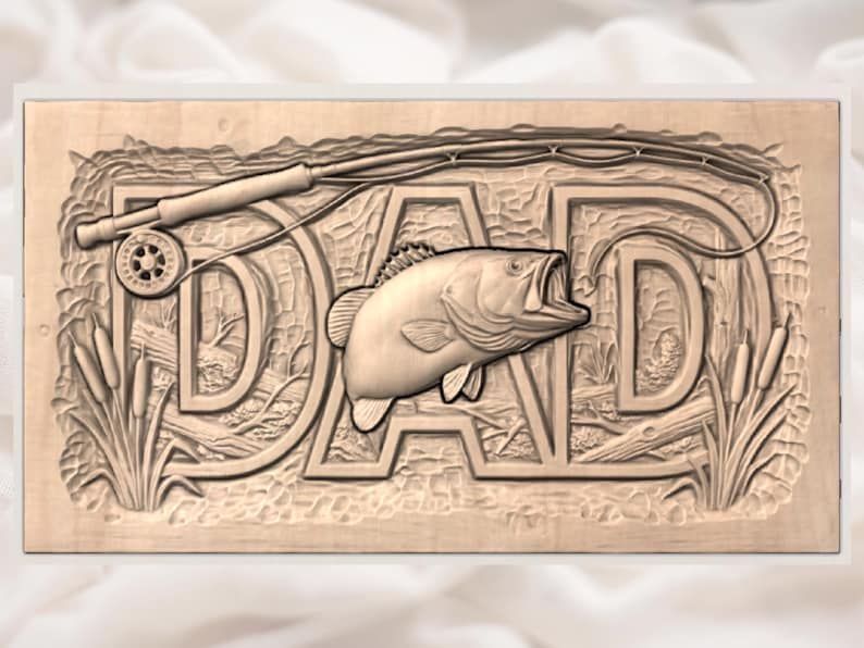 DAD Bass Fishing Sign Bas-Relief STL with Rod and Reel bas-relief STL — view 3