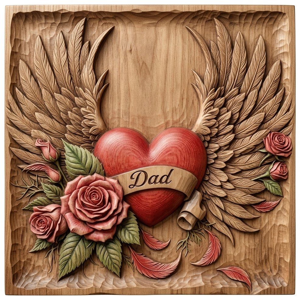 Dad Heart Wings Memorial Tribute CNC Relief STL | Father's Day Wood Carving Design | Angel Wings Heart Wall Art Panel — carved bas relief STL file for CNC