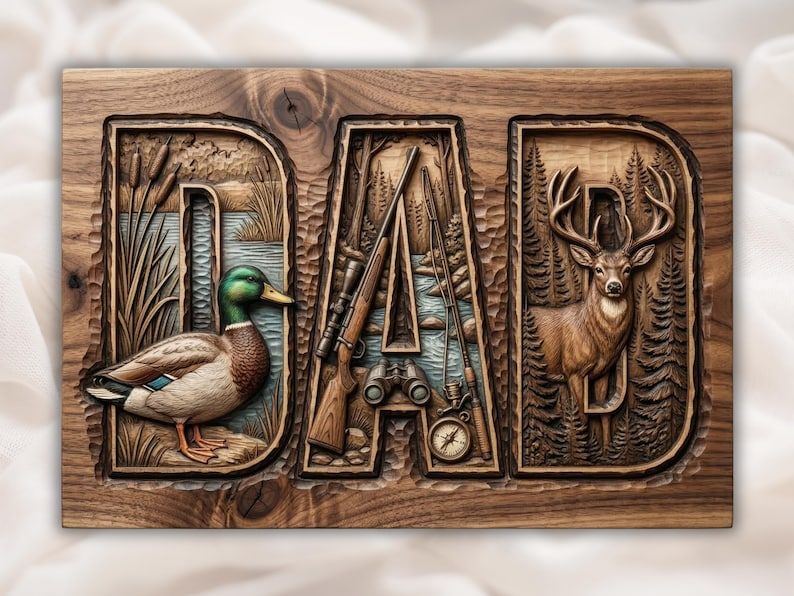 Carved DAD relief with a mallard duck, hunting rifle and gear, and a buck in pine trees