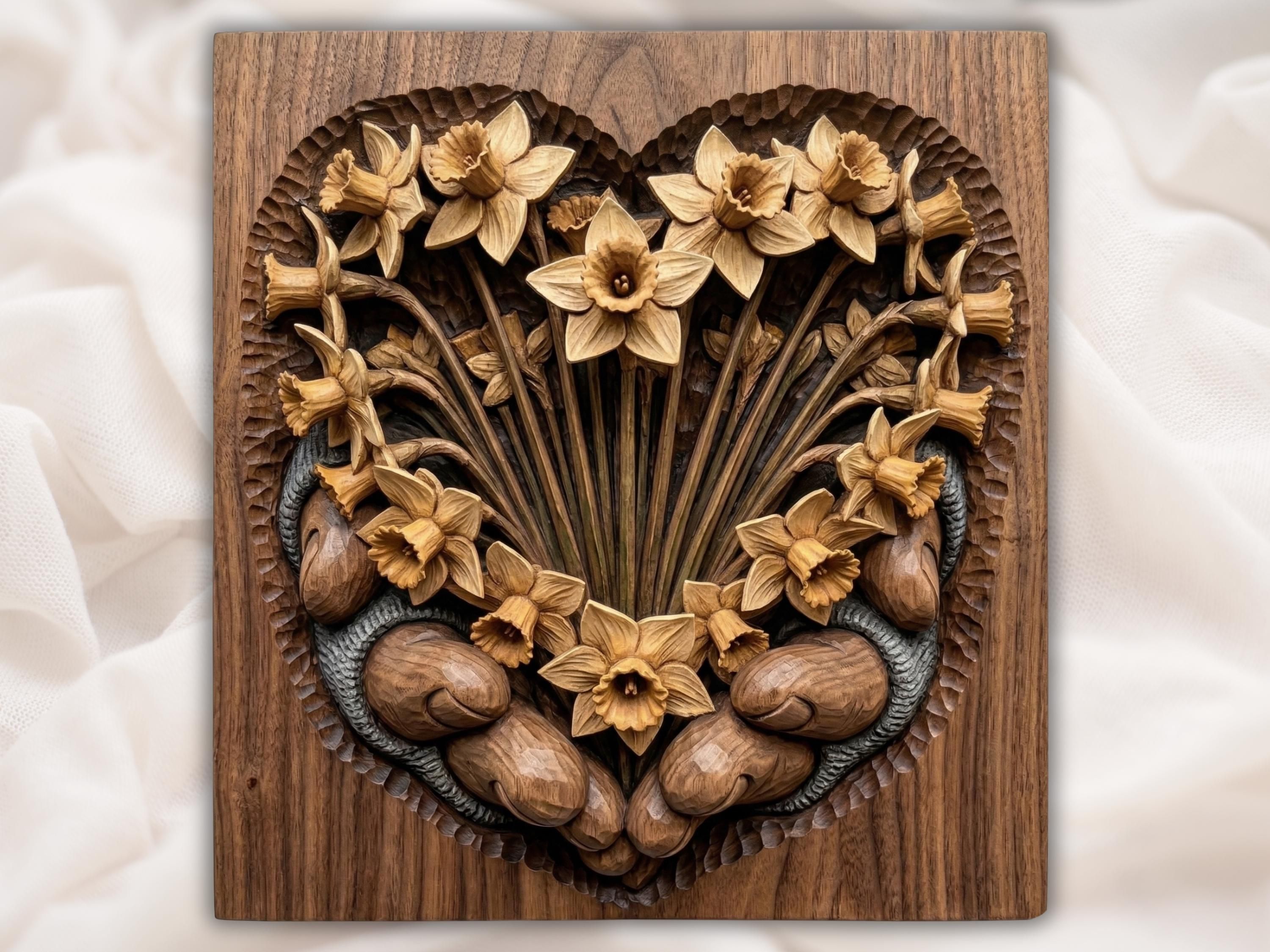 Bas-relief wood carving of daffodil flowers in a heart shape rising from two cupped hands