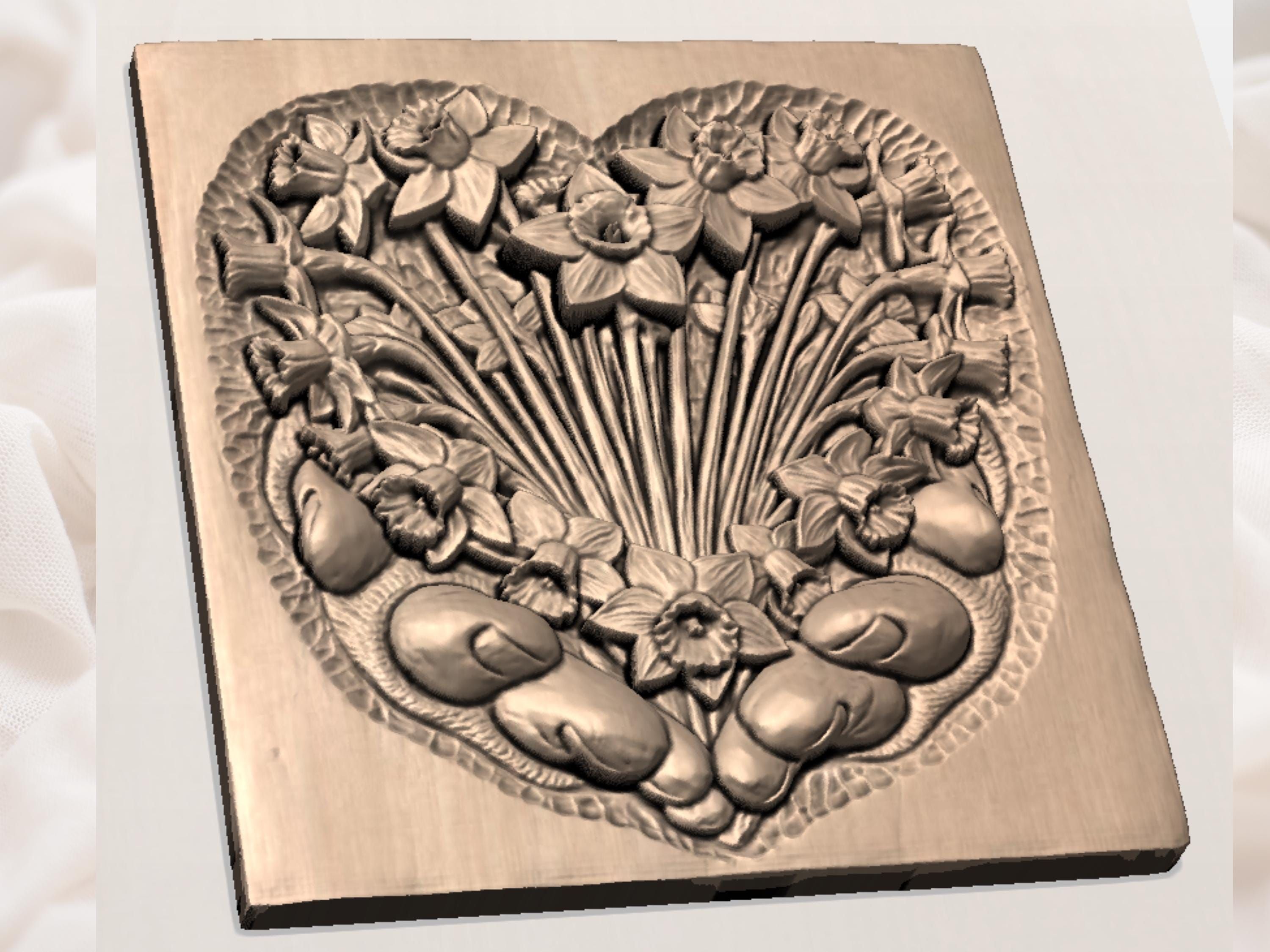 Daffodil Heart Bouquet Held in Cupped Hands Bas-Relief STL bas-relief STL — view 2