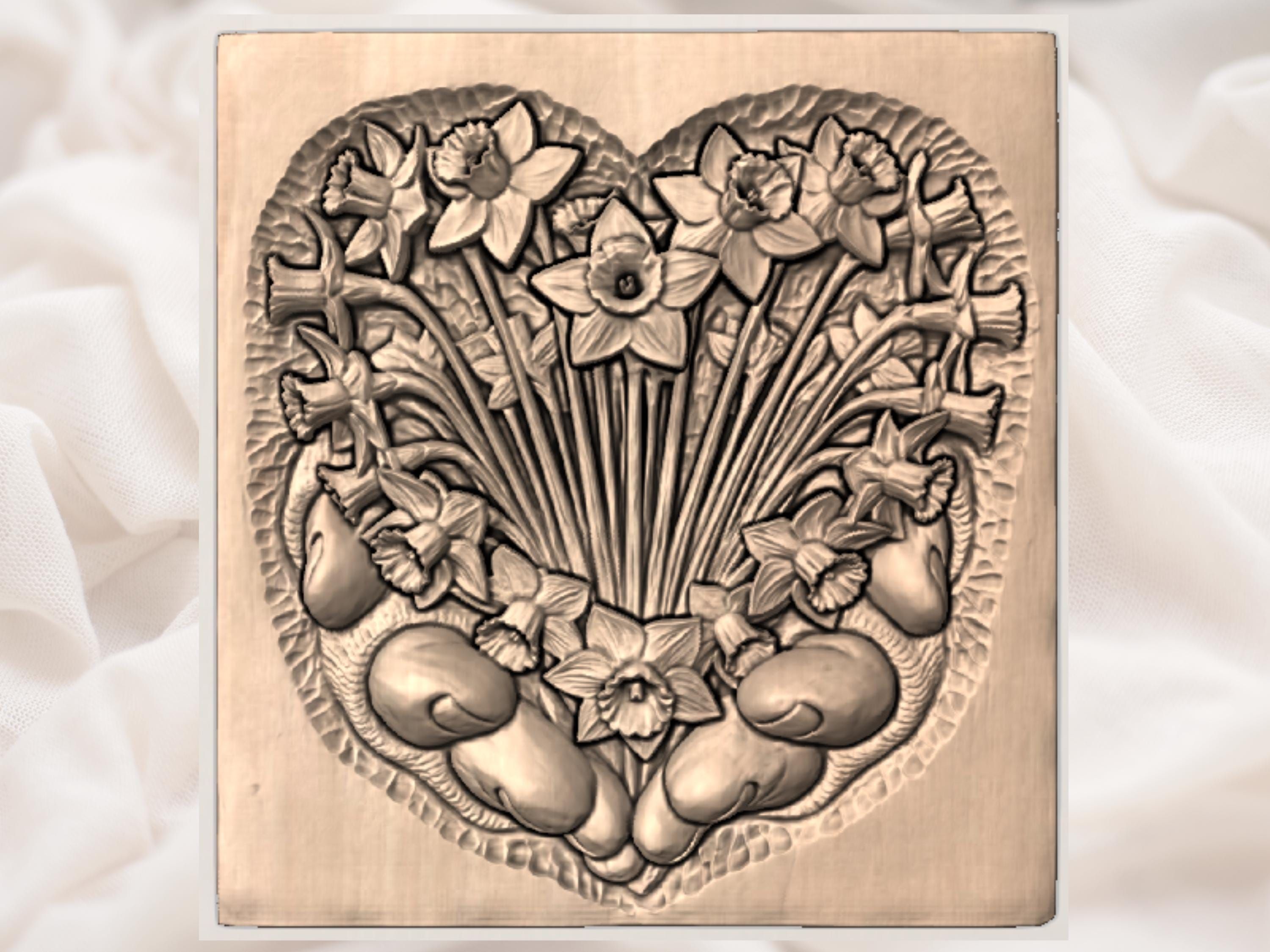 Daffodil Heart Bouquet Held in Cupped Hands Bas-Relief STL bas-relief STL — view 3