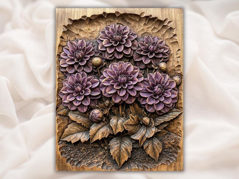 Bas-relief wood carving of six purple dahlia flowers with buds and leaves on a rectangular panel