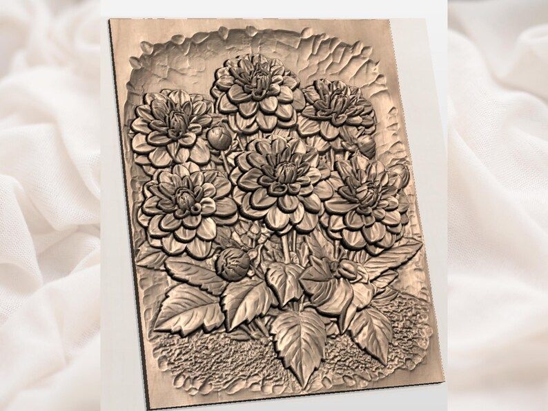 Dahlia Bouquet Bas-Relief STL with Layered Petals and Leaves bas-relief STL — view 2