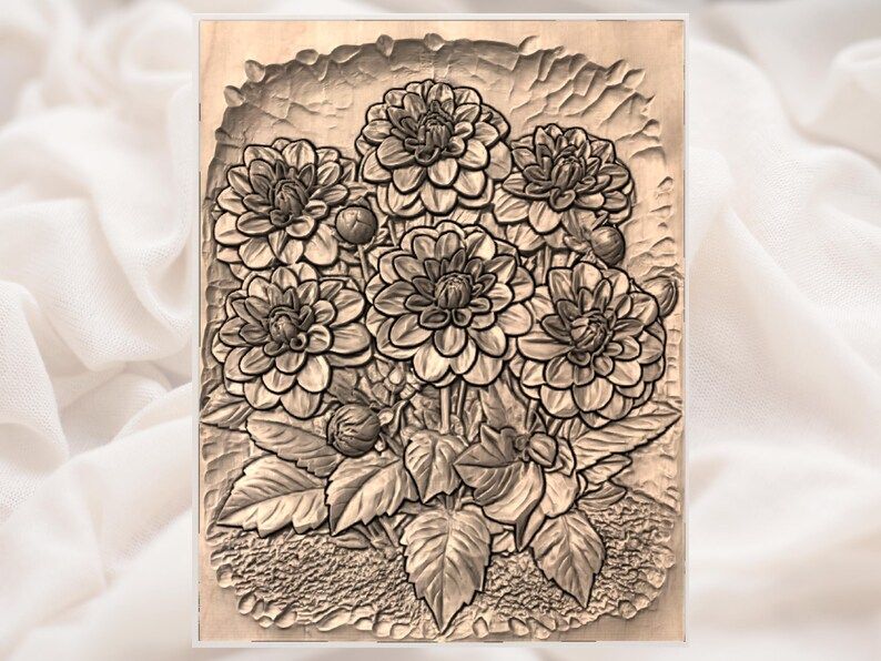 Dahlia Bouquet Bas-Relief STL with Layered Petals and Leaves bas-relief STL — view 3