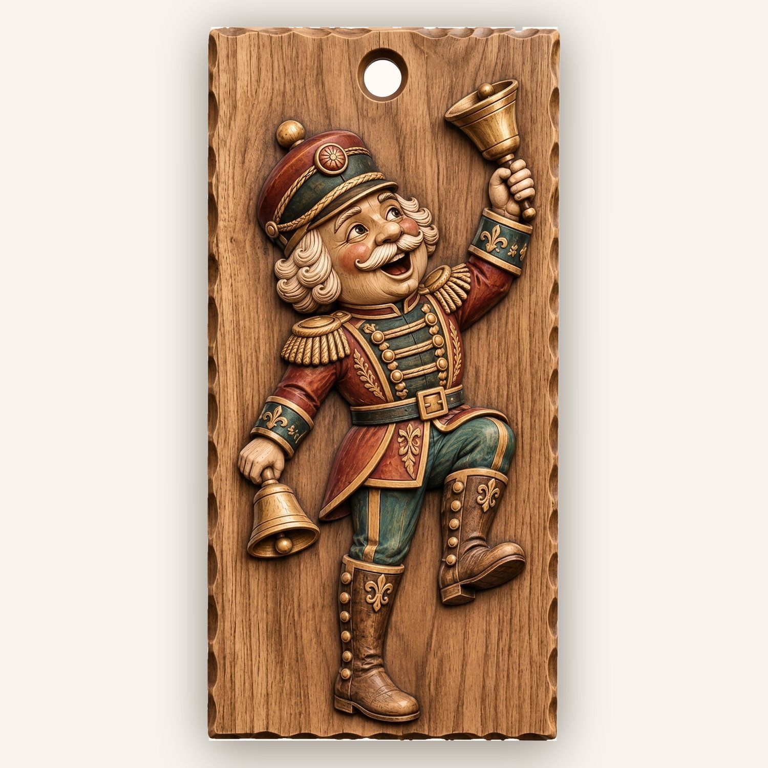 Dancing Nutcracker Bell Ringer CNC Relief STL | Holiday Soldier Wood Carving | Festive Christmas Wall Art Panel — carved bas relief STL file for CNC