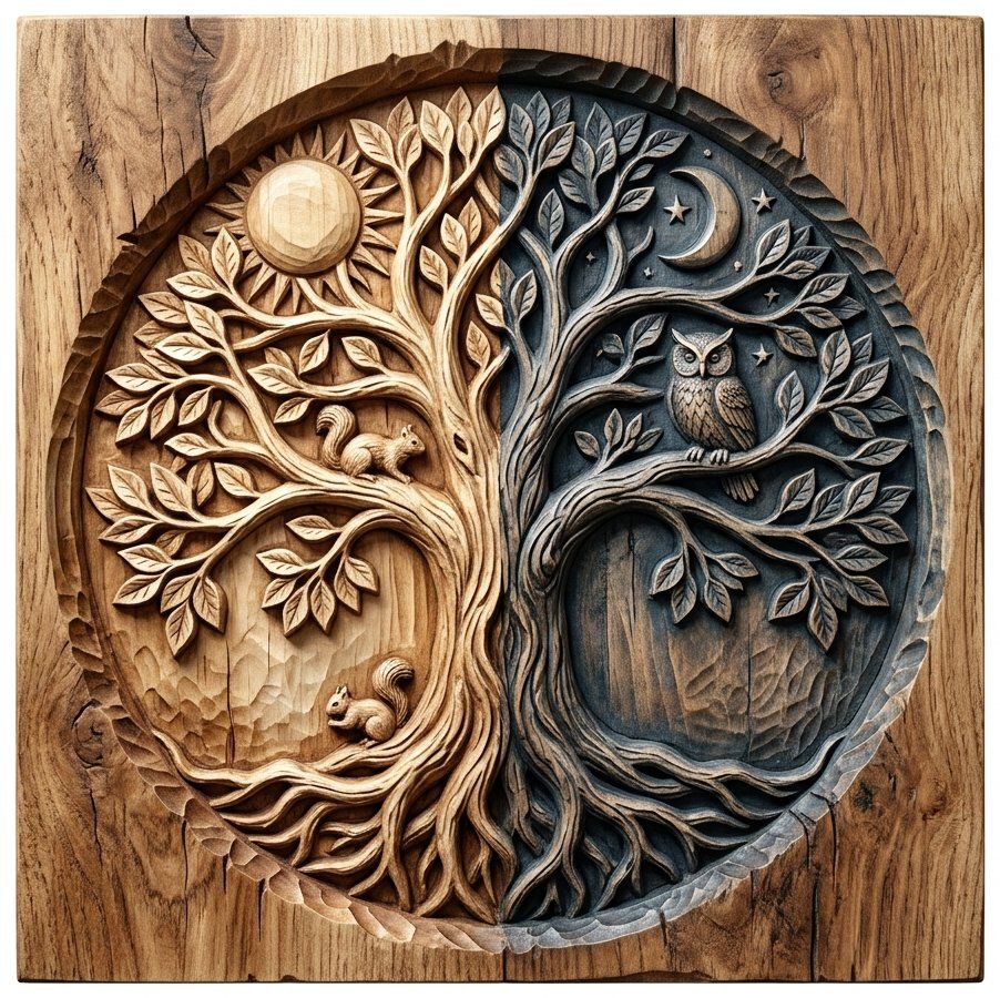 Day and Night Tree of Life Wall Art bas-relief STL — view 3