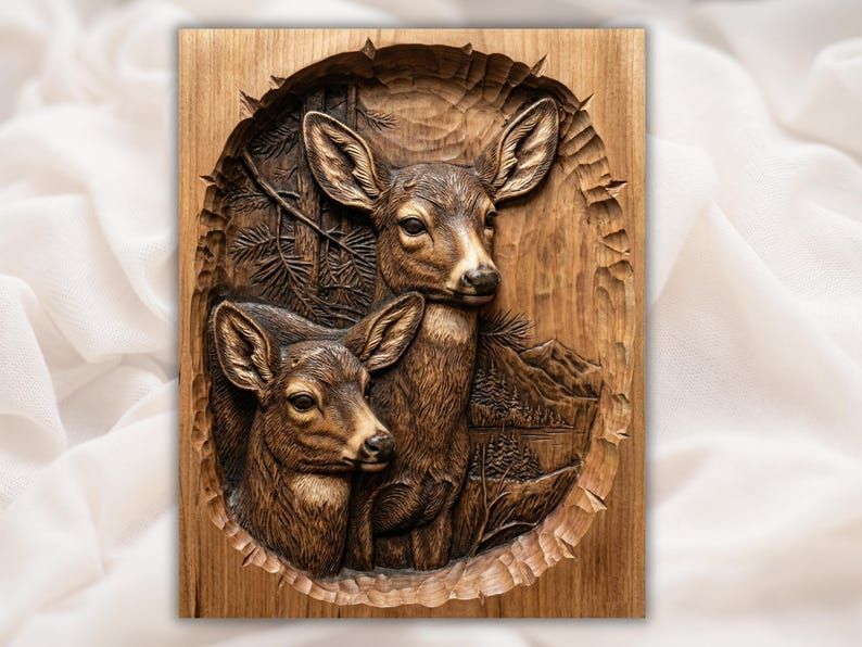 Carved wood relief of a doe and fawn with pine branches and mountains inside an oval frame