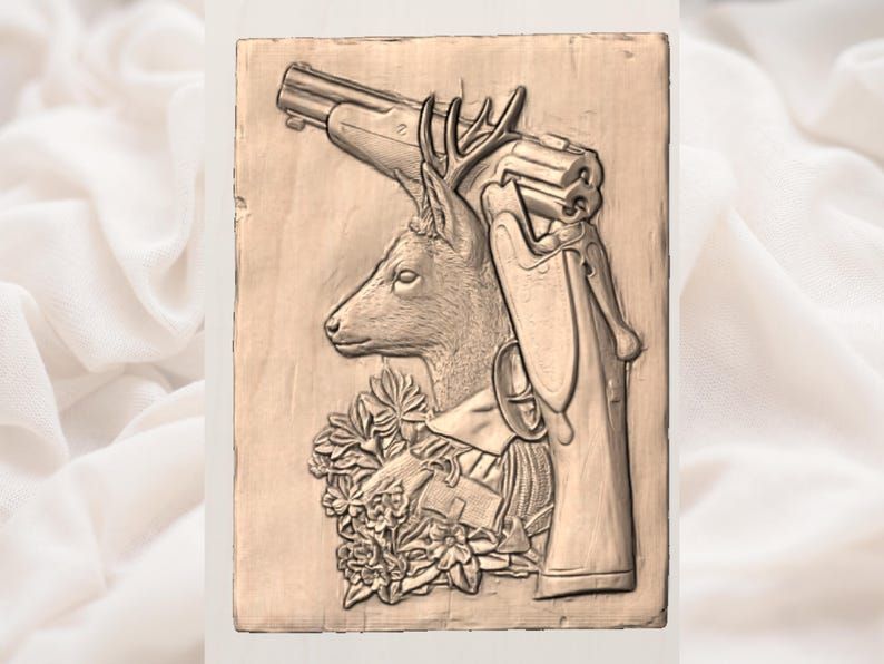 Roe Buck and Break-Action Shotgun Bas-Relief STL Carving bas-relief STL — view 3