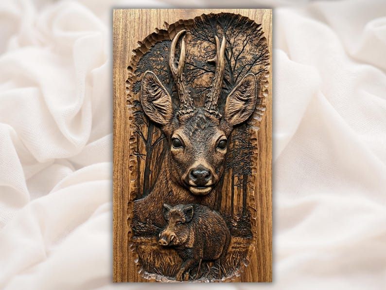 Bas-relief wood carving of a roe deer buck with a wild boar resting below in a forest scene
