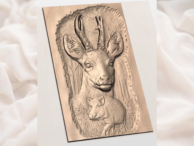 Roe Buck and Wild Boar Forest Relief STL Wood Carving bas-relief STL — view 2