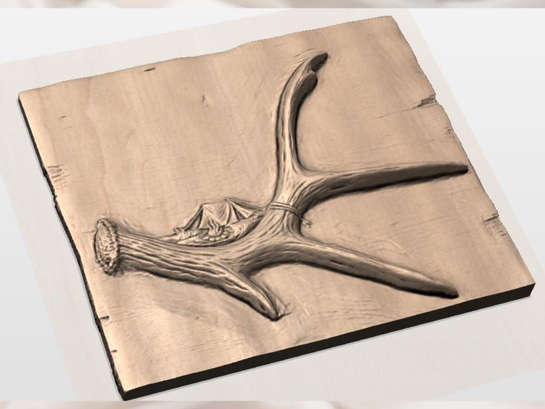 Deer Antler with Hidden Campsite Bas-Relief STL Carving bas-relief STL — view 3
