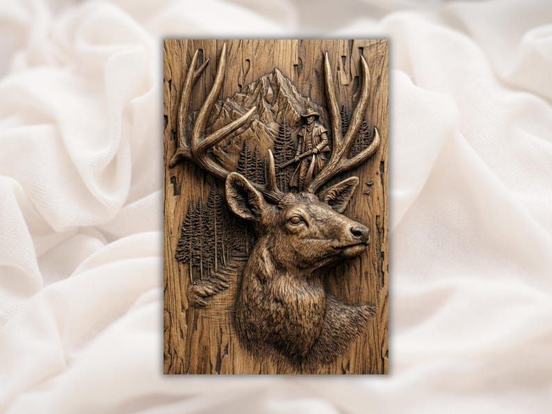 Bas-relief wood carving of a mule deer buck with large antlers, a mountain, pine forest, and a hunter behind it.