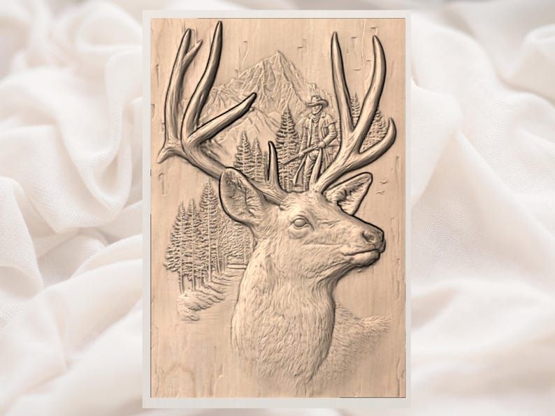 Mule Deer Buck and Mountain Hunter Bas-Relief STL bas-relief STL — view 3