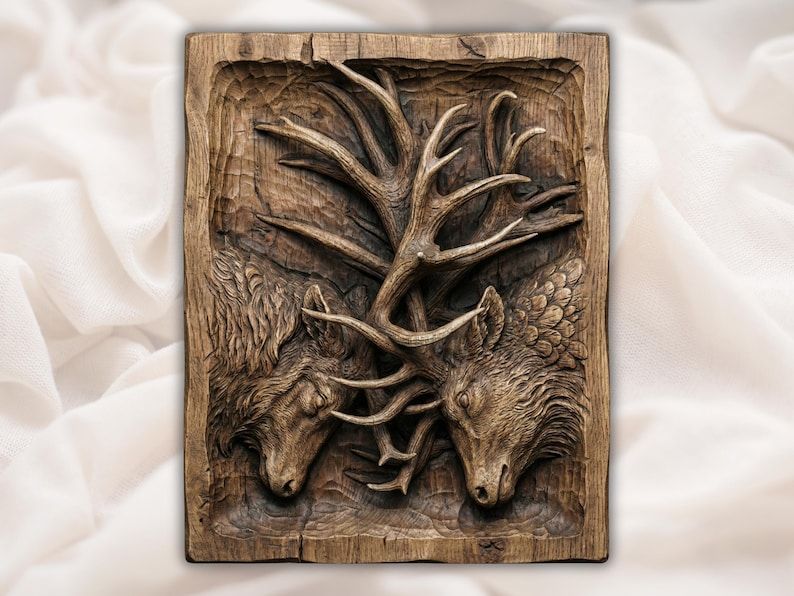 Bas-relief wood carving of two stag heads with large locked antlers and shaggy fur on a rustic panel