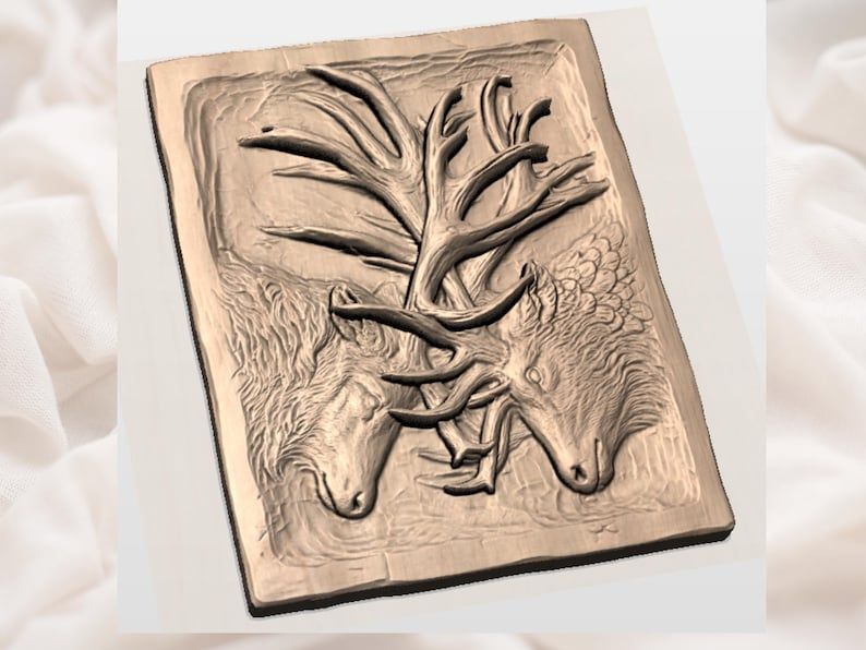 Twin Stag Heads with Locked Antlers Bas-Relief STL bas-relief STL — view 2