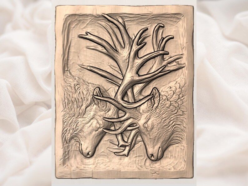 Twin Stag Heads with Locked Antlers Bas-Relief STL bas-relief STL — view 3