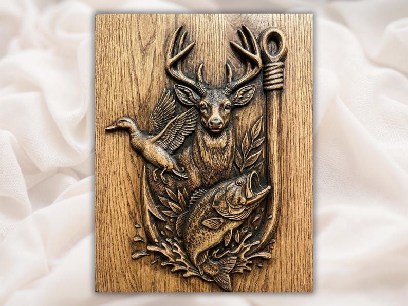 Bas-relief wood carving of a buck deer, flying duck, and leaping bass inside a fishing hook frame
