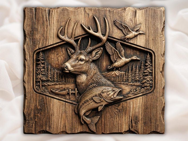Bas-relief carving of a buck deer with two flying ducks, a leaping trout, lake, canoe and pine forest.