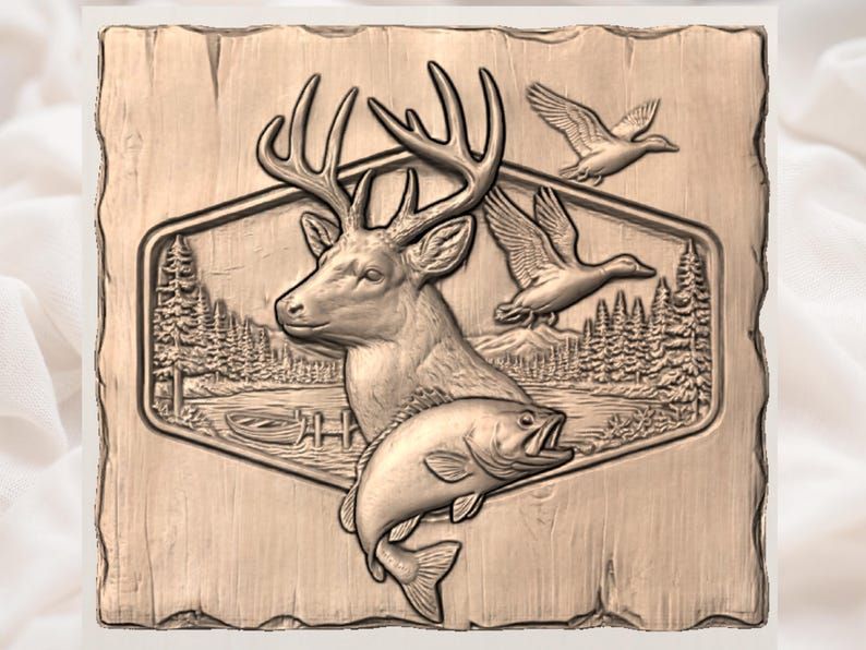 Buck, Ducks and Trout Sportsman Scene Bas-Relief STL bas-relief STL — view 2