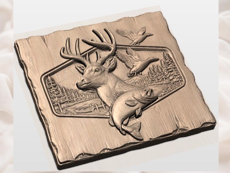 Buck, Ducks and Trout Sportsman Scene Bas-Relief STL bas-relief STL — view 3