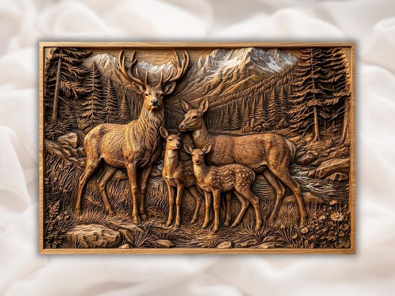 Carved wood bas-relief of a stag, doe, and spotted fawn in a mountain forest with pine trees
