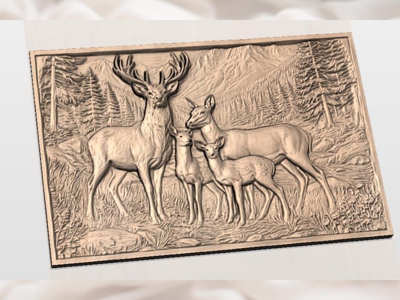 Deer Family in the Mountains 3D Relief STL Carving bas-relief STL — view 2