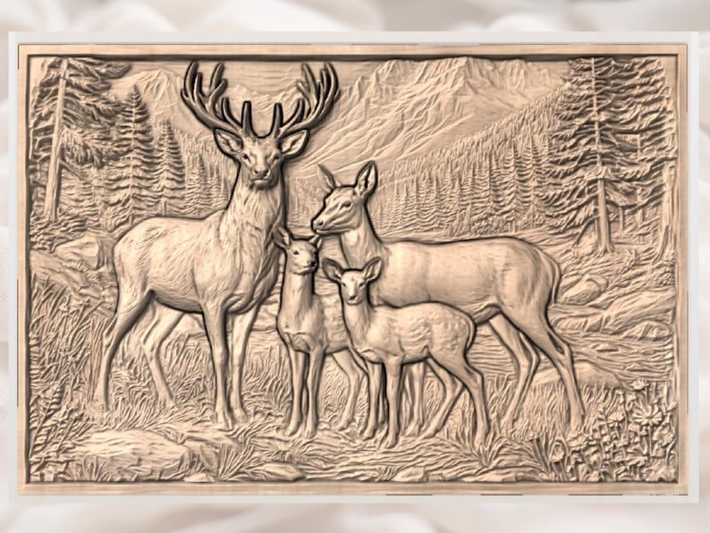 Deer Family in the Mountains 3D Relief STL Carving bas-relief STL — view 3