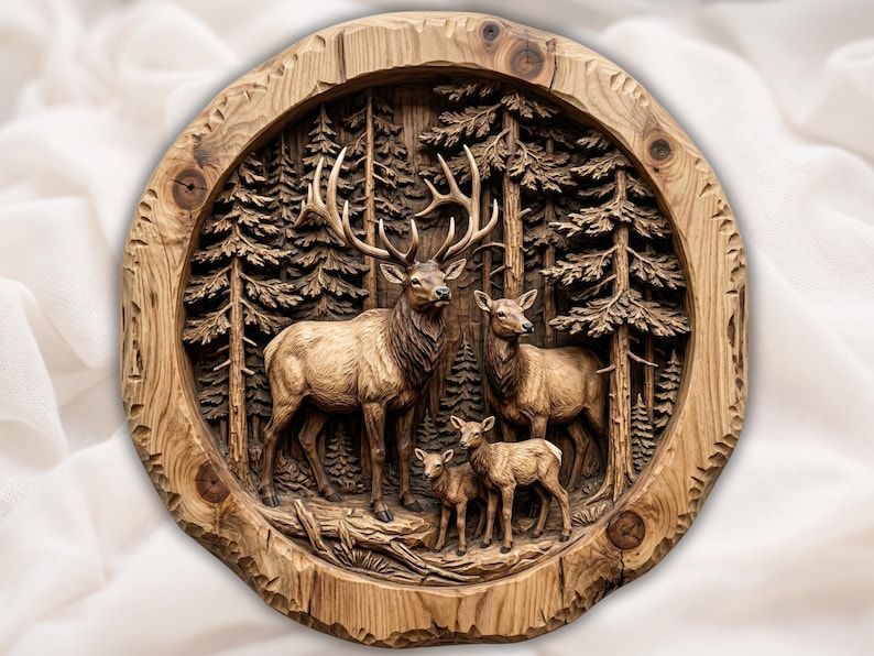 Carved round wood relief of a bull elk, doe, and two fawns standing in a pine forest scene