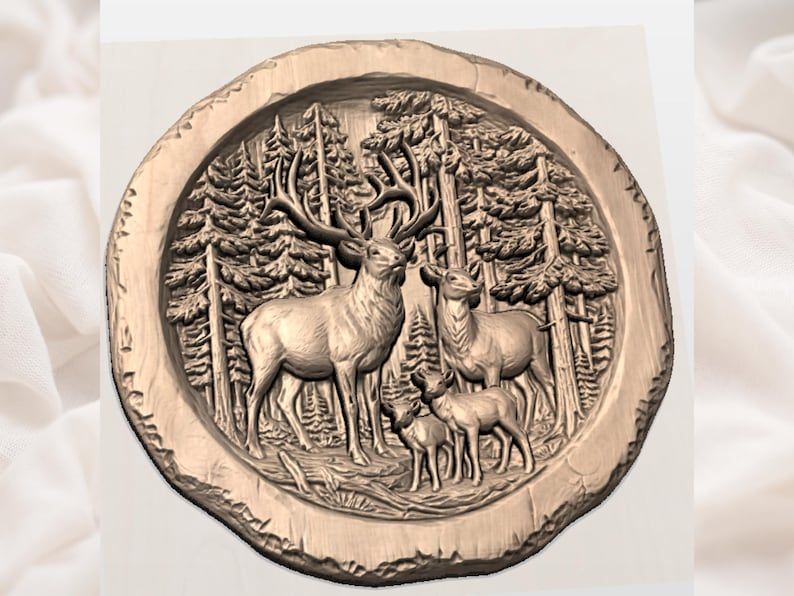 Elk Family in the Pines Round Bas-Relief STL Forest Scene bas-relief STL — view 2