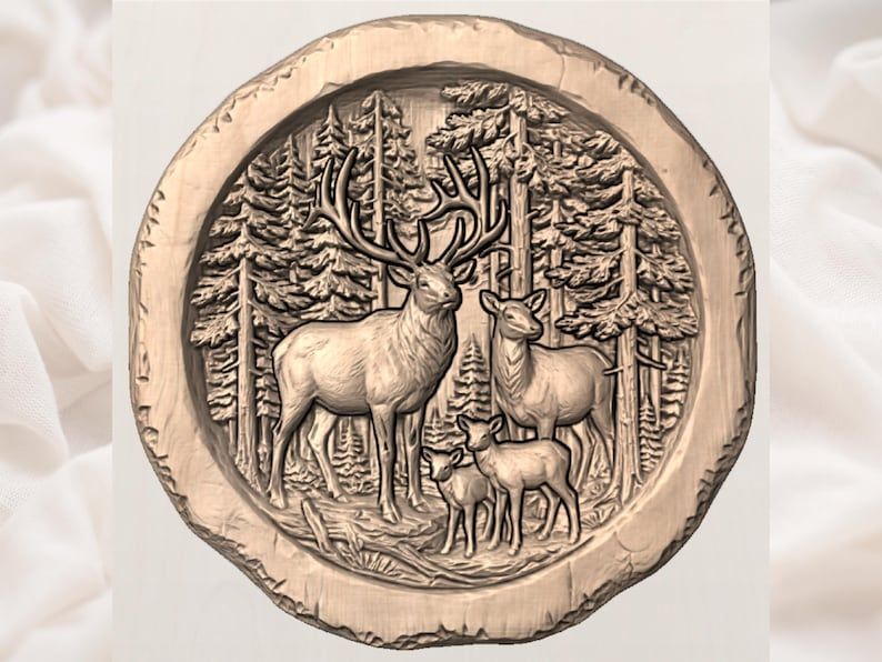 Elk Family in the Pines Round Bas-Relief STL Forest Scene bas-relief STL — view 3