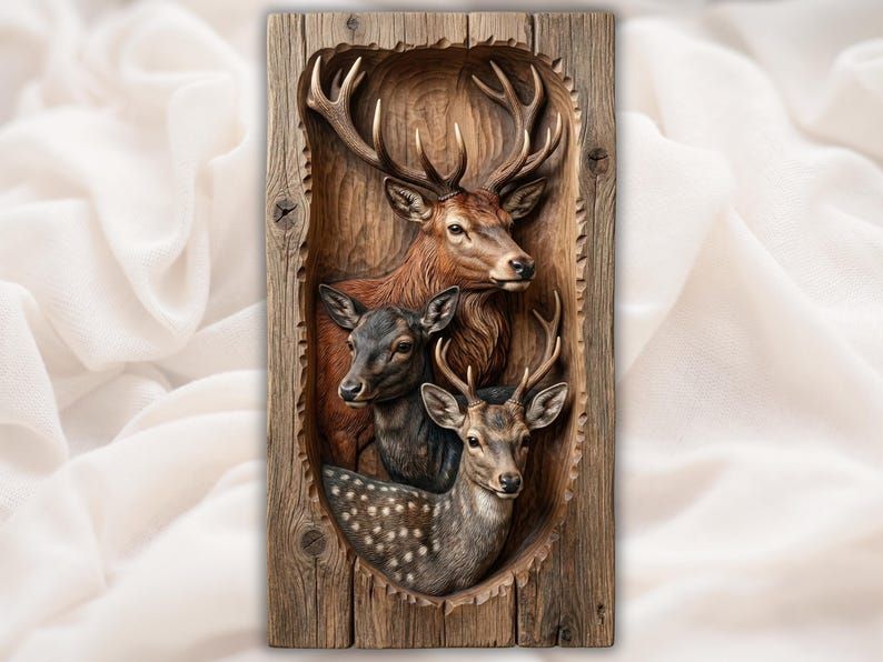 Bas-relief wood carving of three deer: a stag with antlers, a doe, and a spotted buck in a plank frame
