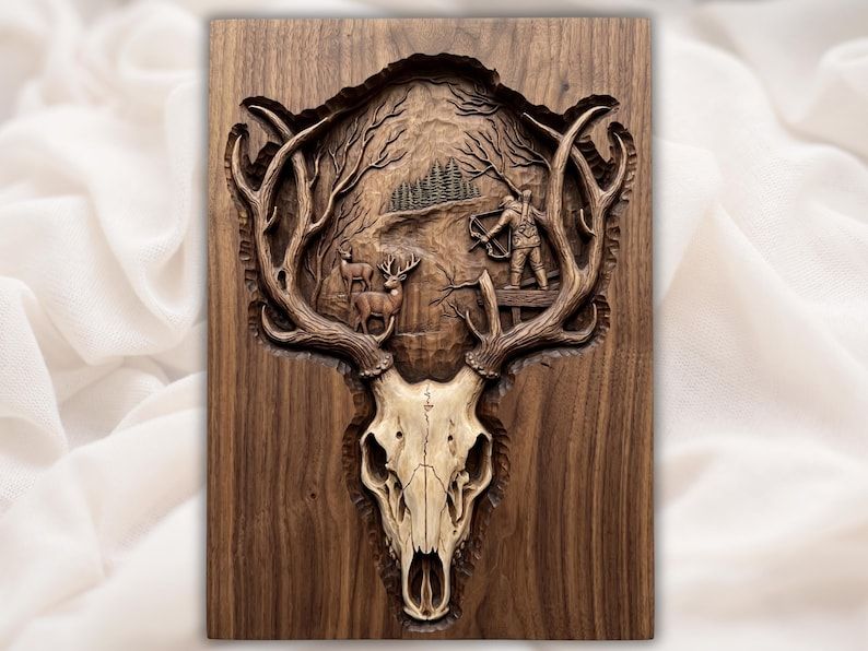 Carved deer skull with antlers framing a bow hunter, buck, doe, and pine forest scene on a wood panel.