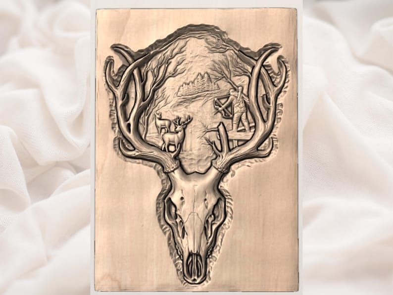 Deer Skull and Antlers Bow Hunter Woodland Bas-Relief STL bas-relief STL — view 2