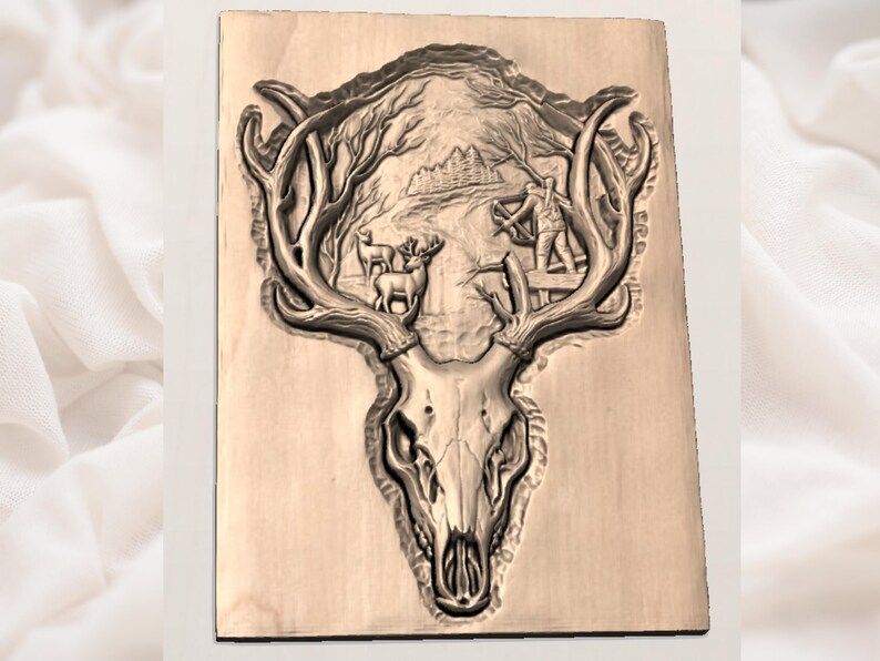 Deer Skull and Antlers Bow Hunter Woodland Bas-Relief STL bas-relief STL — view 3