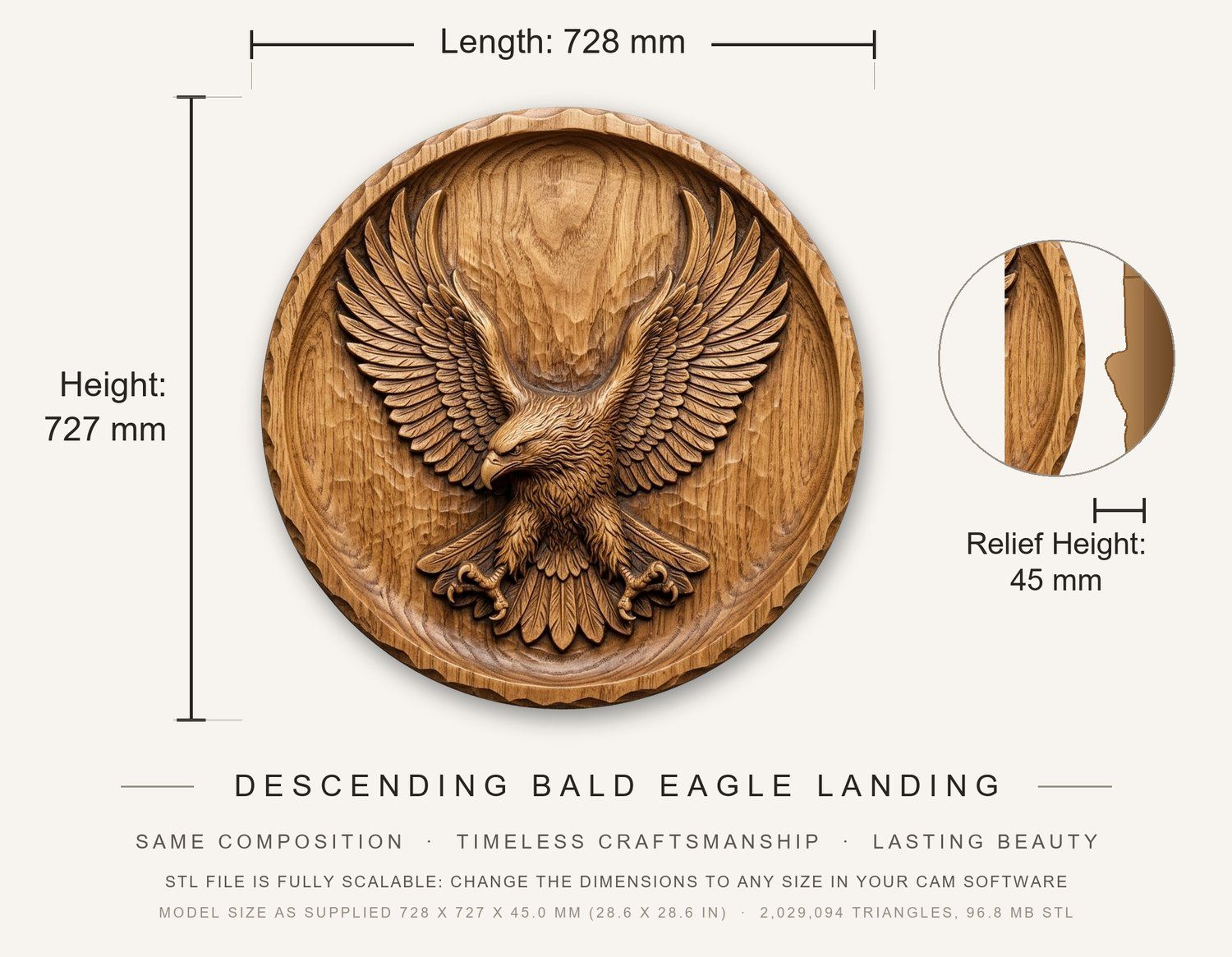Descending Bald Eagle Landing CNC Relief STL bas-relief STL — view 3
