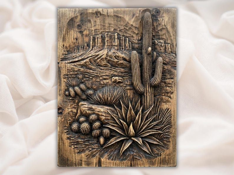 Carved wood bas-relief of a Saguaro cactus, agave, barrel cacti, and desert mesa cliffs.
