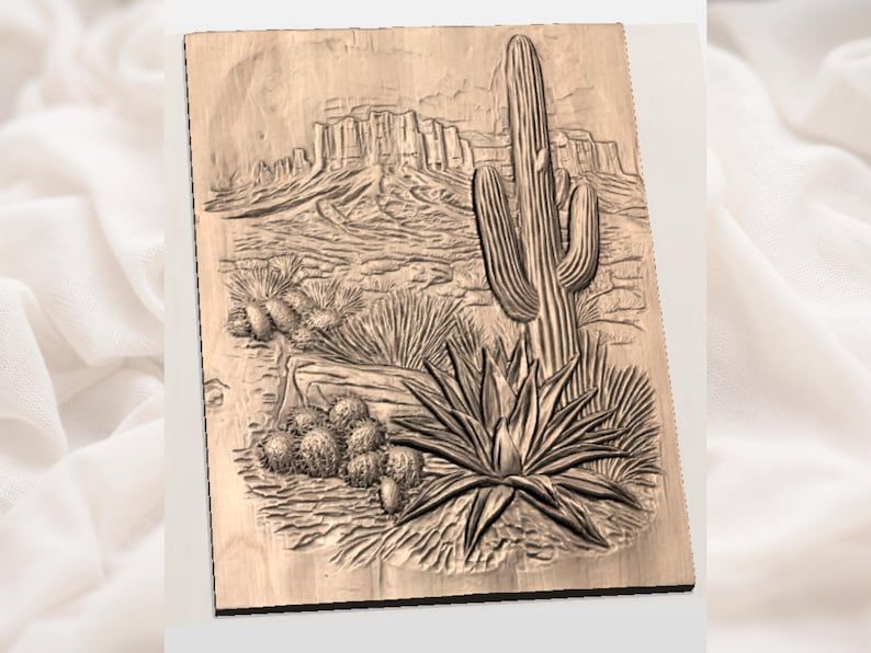 Saguaro Desert Landscape Bas-Relief STL with Agave and Cacti bas-relief STL — view 2