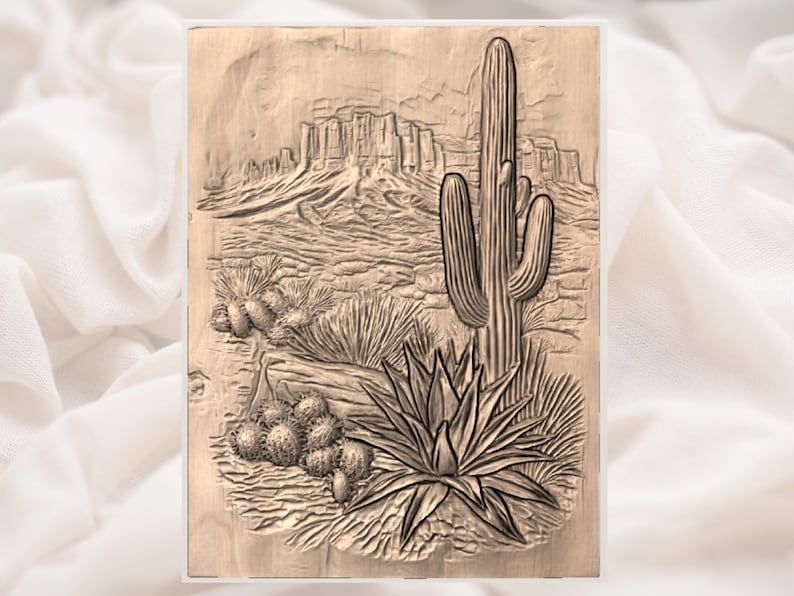 Saguaro Desert Landscape Bas-Relief STL with Agave and Cacti bas-relief STL — view 3