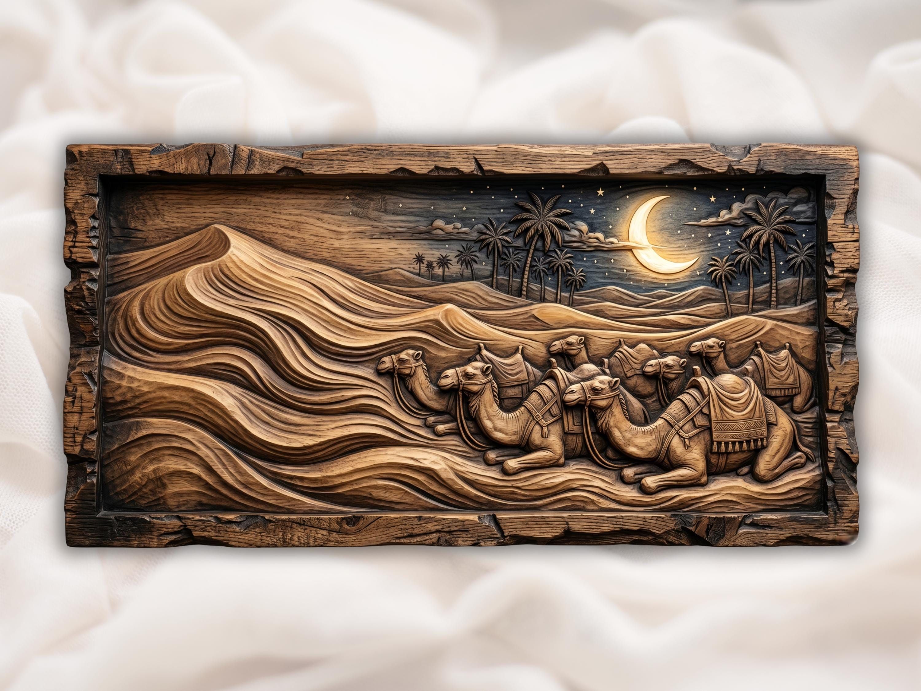 Carved wood bas-relief of resting camels with saddles on desert dunes, palm trees and stars at night.