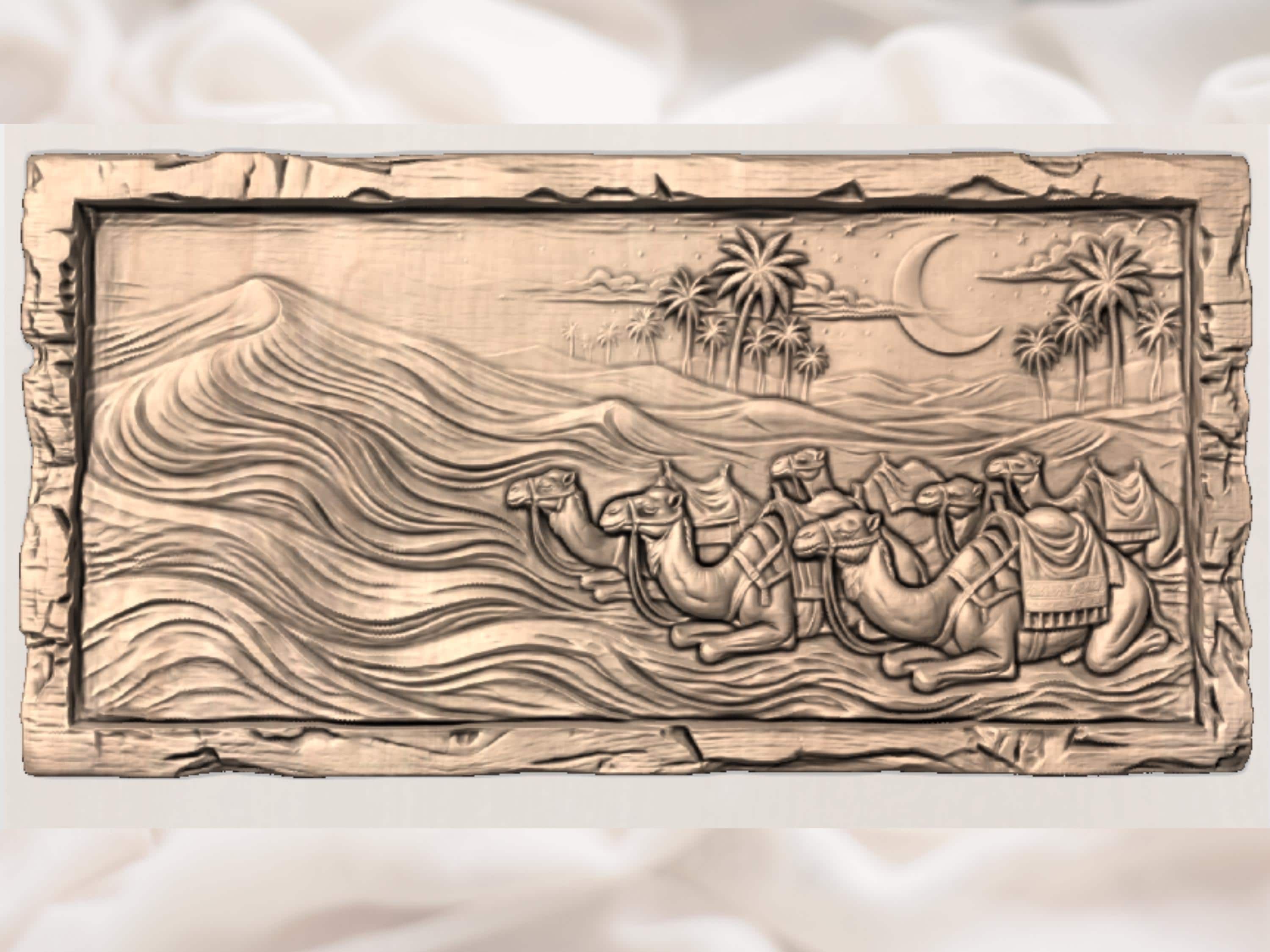 Resting Camel Caravan at Night STL Bas-Relief Desert Scene bas-relief STL — view 3
