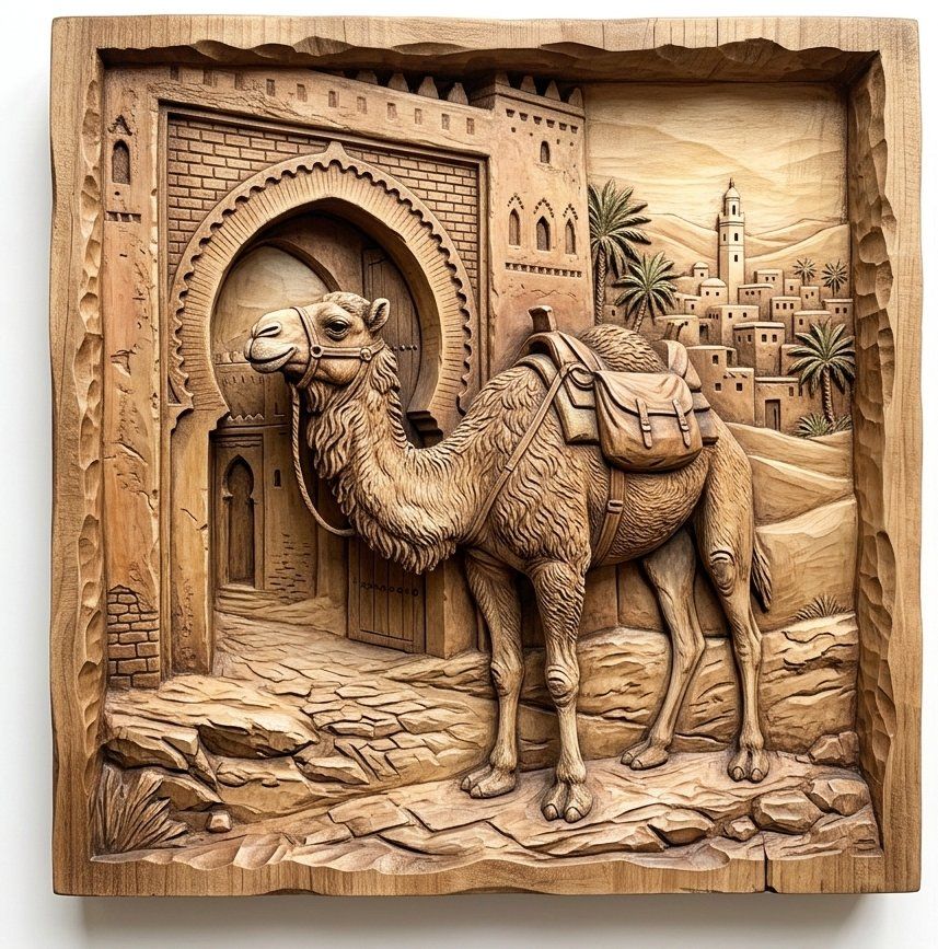 Desert Caravan Ancient City Gateway CNC Relief STL | Oriental Wall Art Panel | Exotic Architecture Wood Carving Design — carved bas relief STL file for CNC
