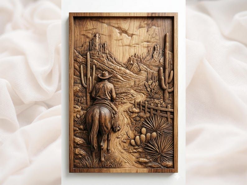 Carved wood bas-relief of a cowboy on horseback riding a desert trail past saguaro cactus and canyon mountains