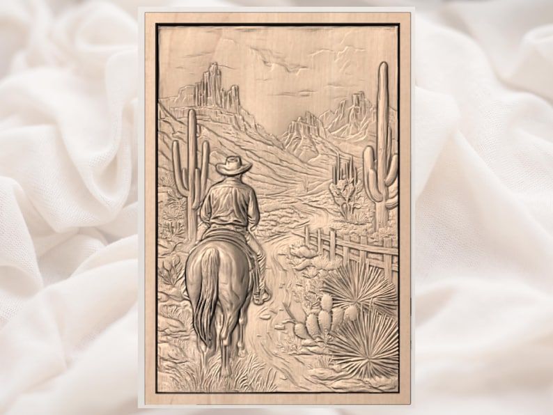 Lone Cowboy Riding the Desert Trail Bas-Relief STL bas-relief STL — view 2