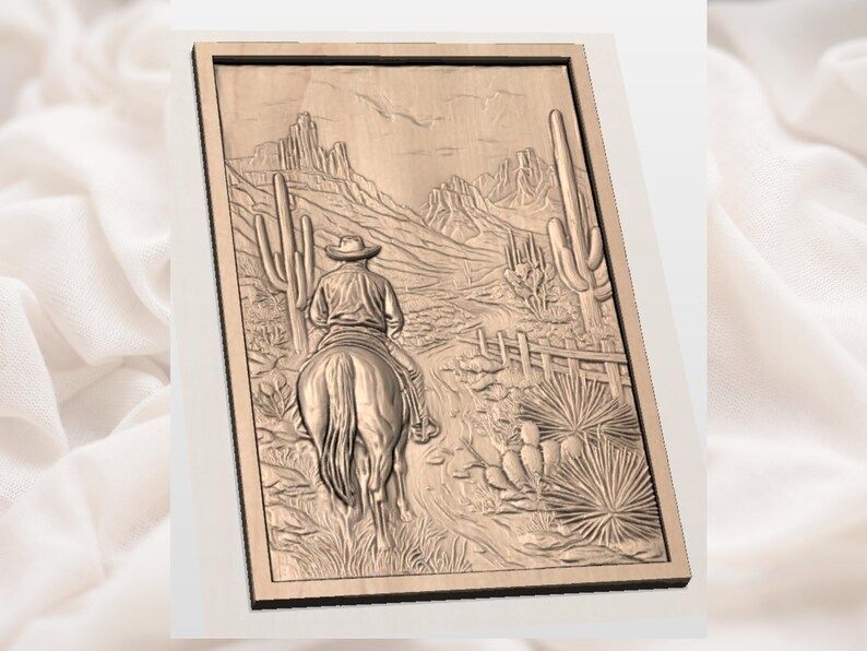 Lone Cowboy Riding the Desert Trail Bas-Relief STL bas-relief STL — view 3