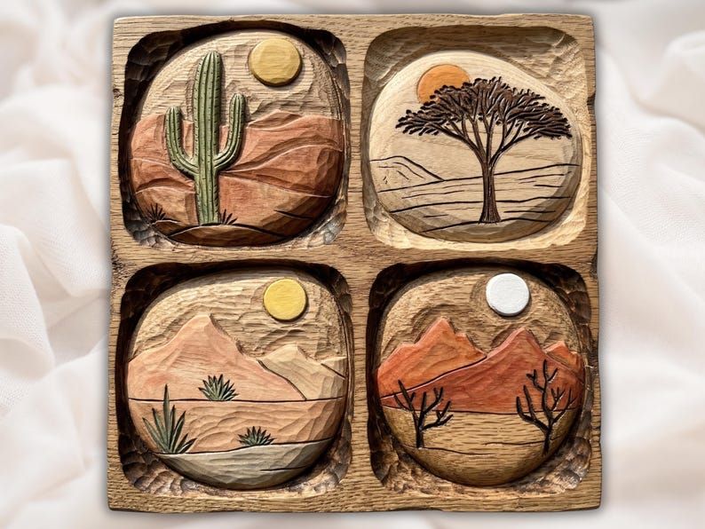Four-panel wood relief carving of a saguaro cactus, desert tree, mountains and dunes with sun and moon