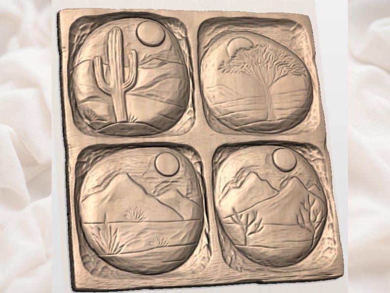 Southwest Desert Four-Panel Relief: Saguaro, Tree, Mountains bas-relief STL — view 2
